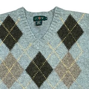 J. Crew Green Wool Sweater Argyle V-Neck Knit Pullover Men’s Medium Lambswool